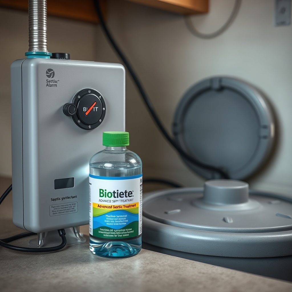 Close-up photorealistic photo of a septic alarm panel next to a clear bottle of Biotite 1