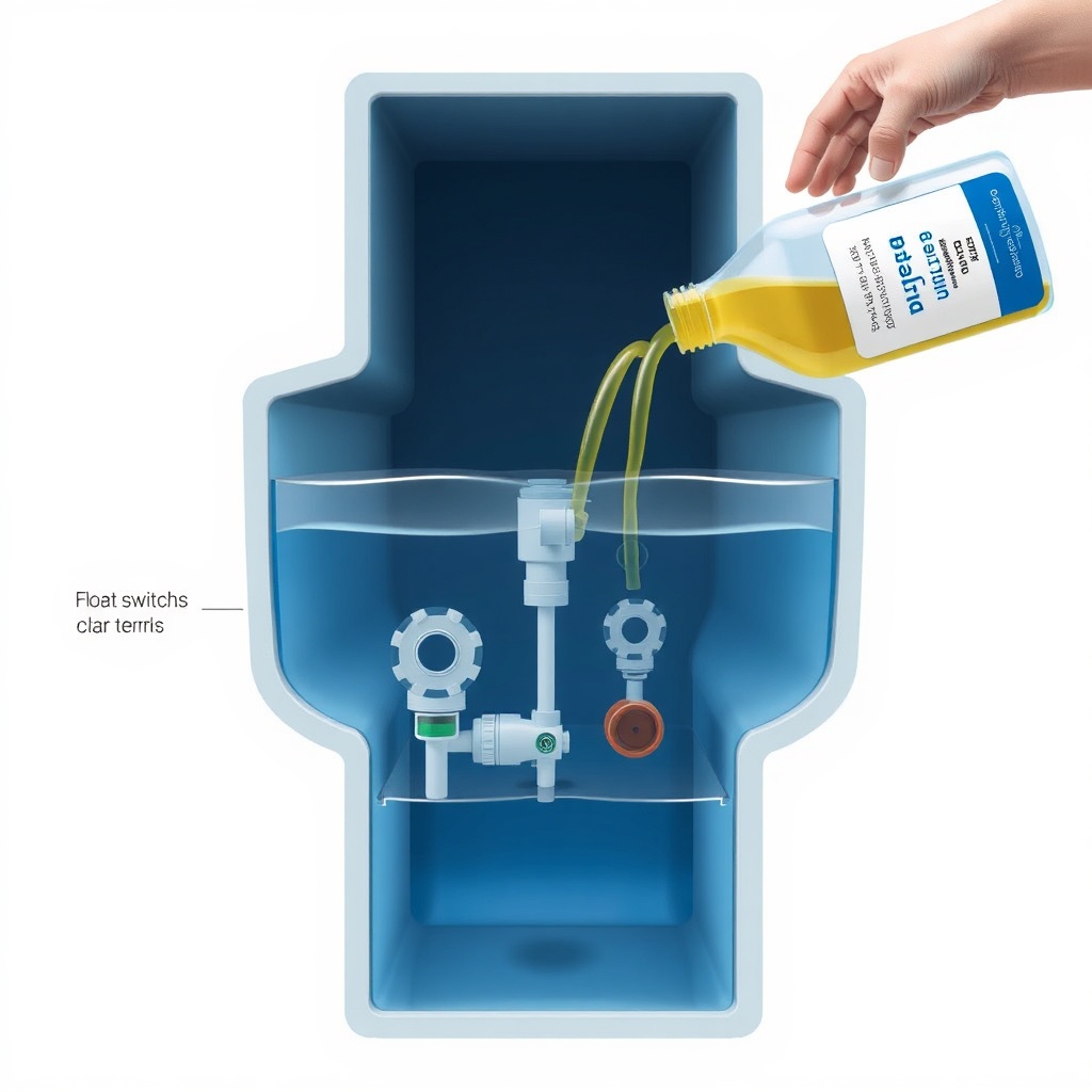 Photorealistic illustration of a septic tank cross-section showing float switches and alar