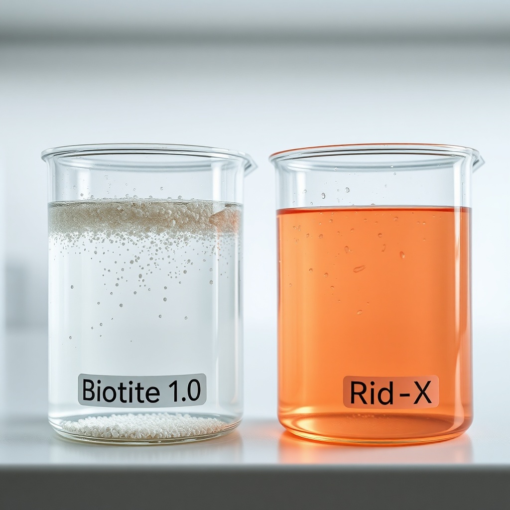 A close-up photorealistic photo showing two glass beakers side by side