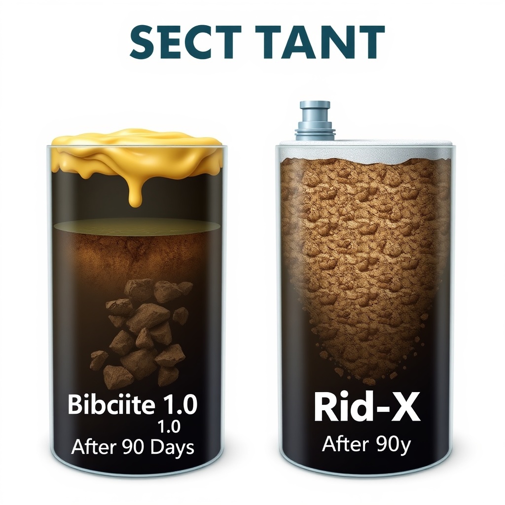 A photorealistic illustration depicting two cross-section views of septic tanks side by si