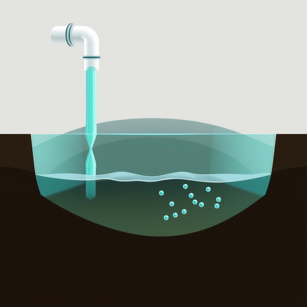 A realistic illustration of a cutaway septic tank showing a toilet pipe entering the tank