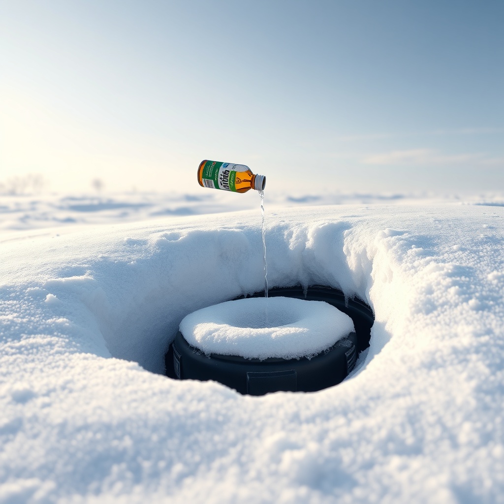 <A photorealistic photo of a septic tank partially buried in snow with a frost blanket ove