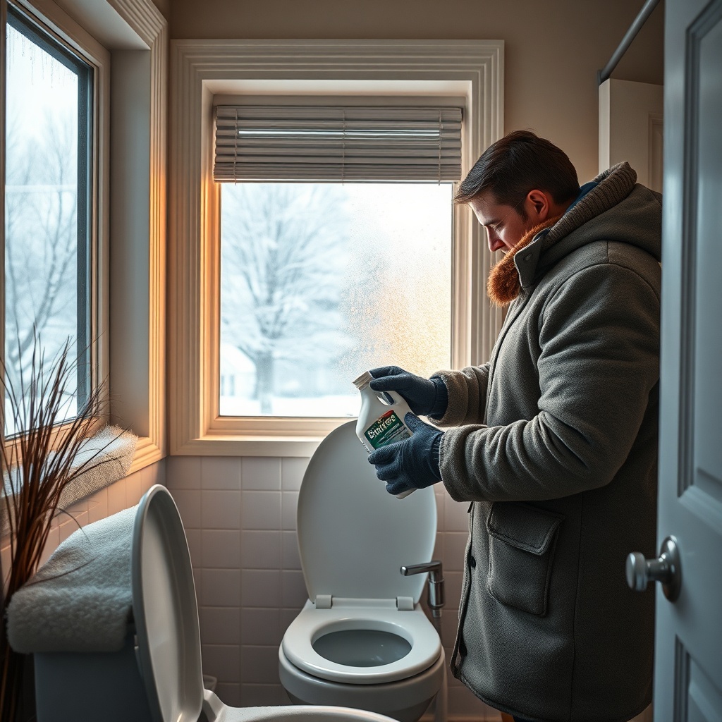 <A photorealistic photo of a homeowner in a winter coat and gloves pouring Biotite 1