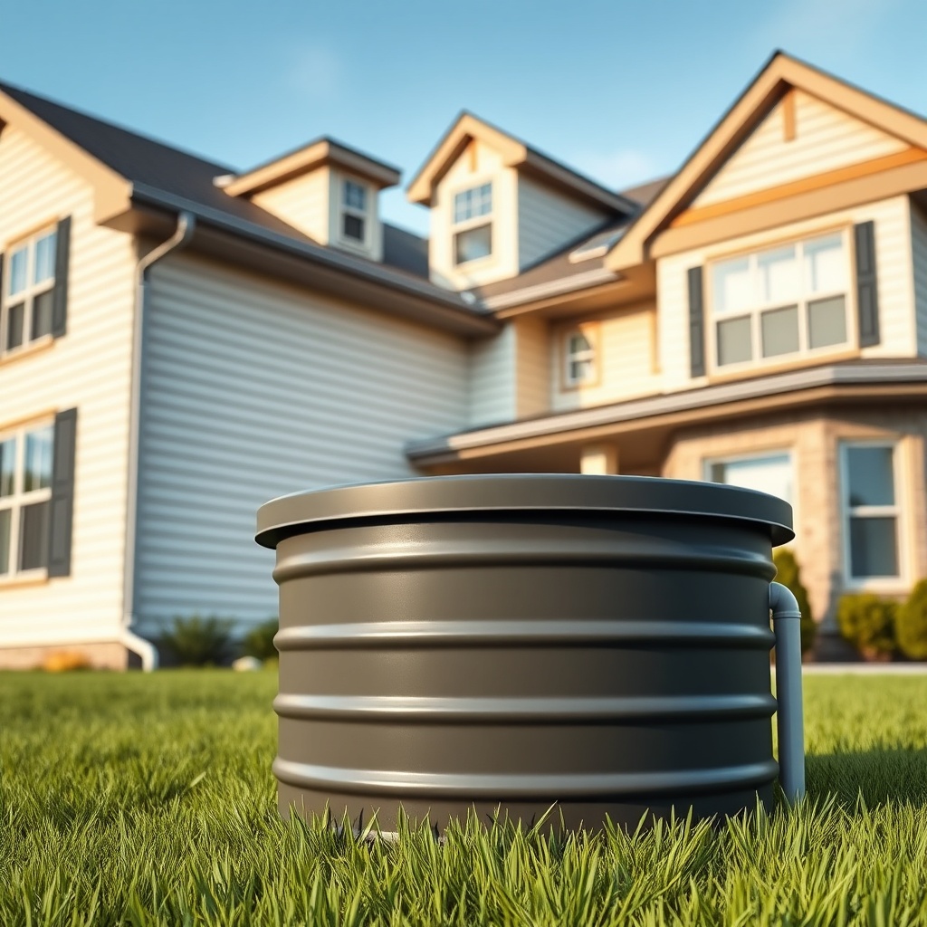 A clean photorealistic shot of a large family home with gutter downspouts and a visible se