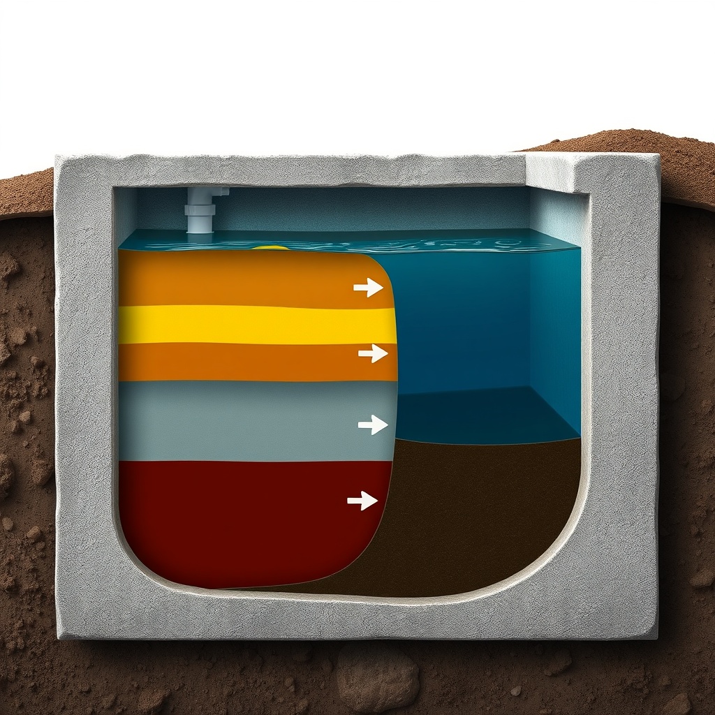 A photorealistic side‑view cutaway of a concrete septic tank with colored layers showing s