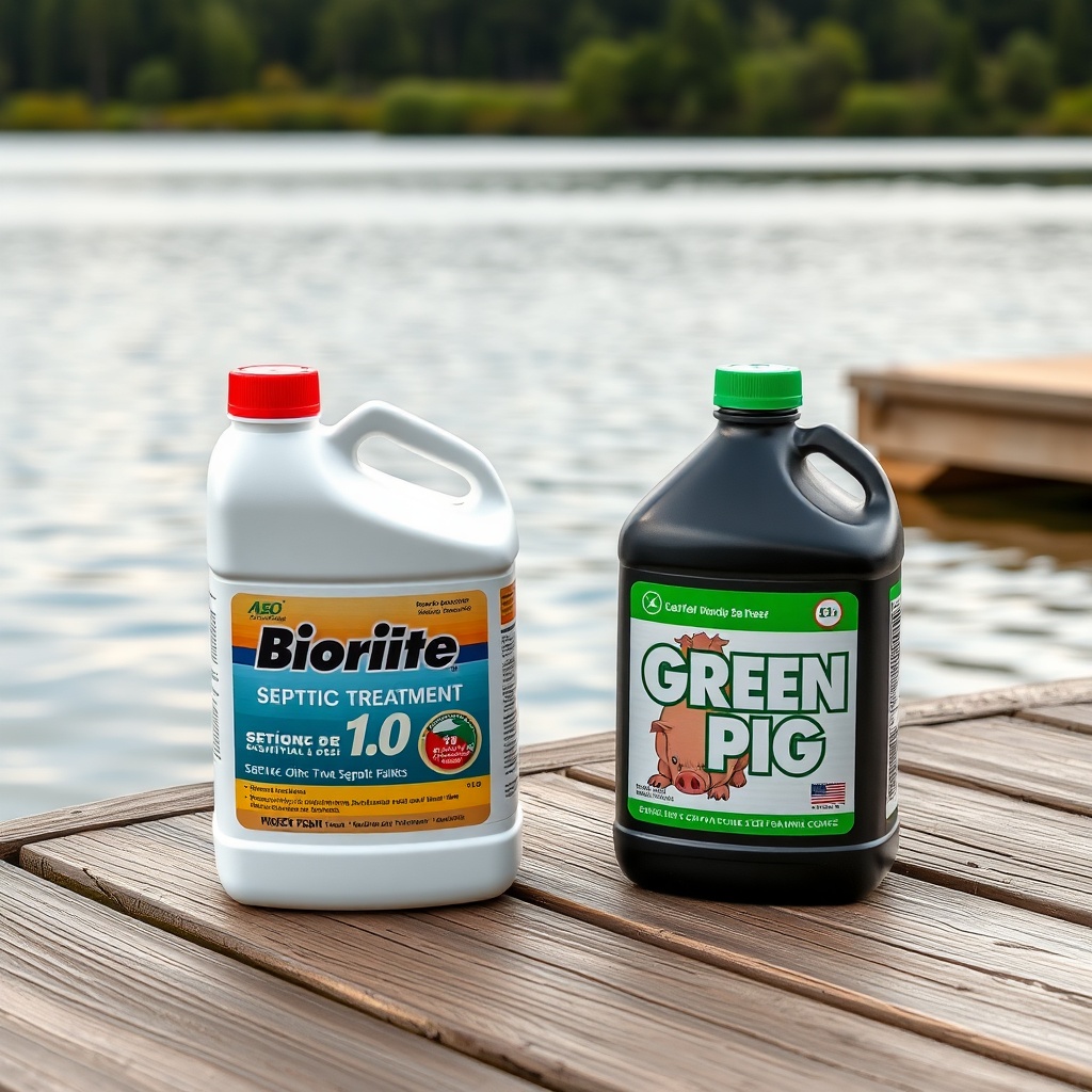 <clean photorealistic photo/illustration showing two different septic treatment bottles