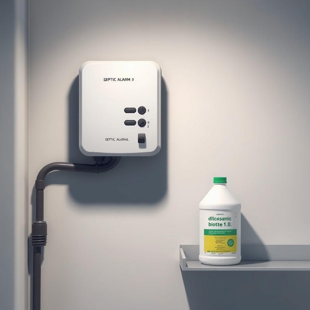 <clean photorealistic photo/illustration showing a modern septic alarm panel mounted on a