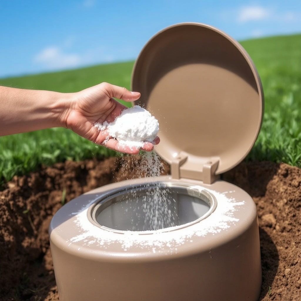 A realistic photo showing a hand sprinkling white powder into a septic tank access riser
