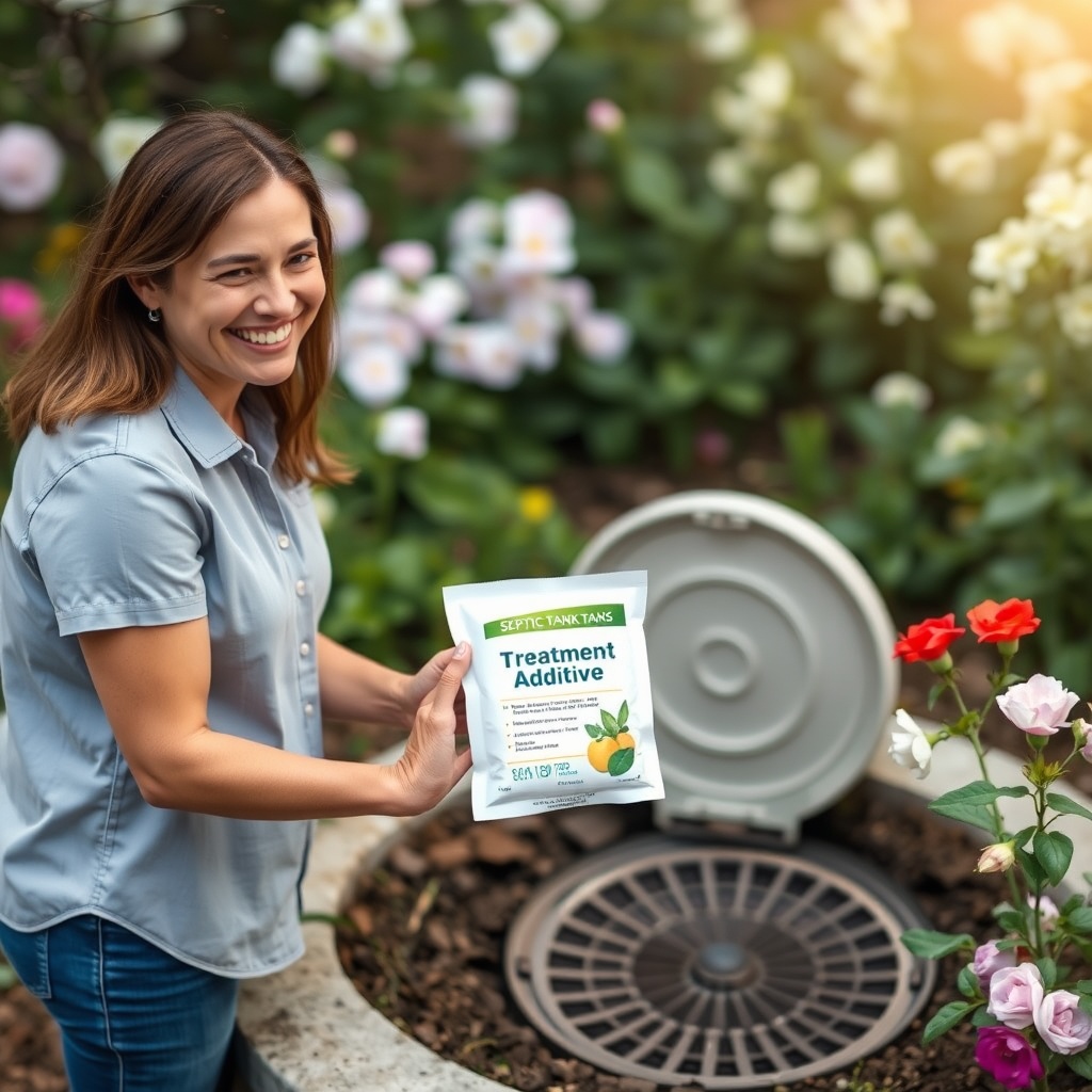 A photorealistic photo of a smiling couple standing next to a septic tank access cover in