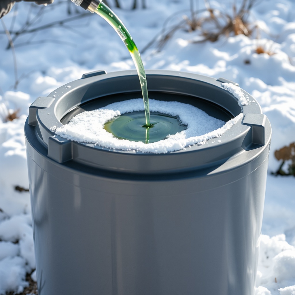 a modern septic tank being dosed with a green-labelled liquid