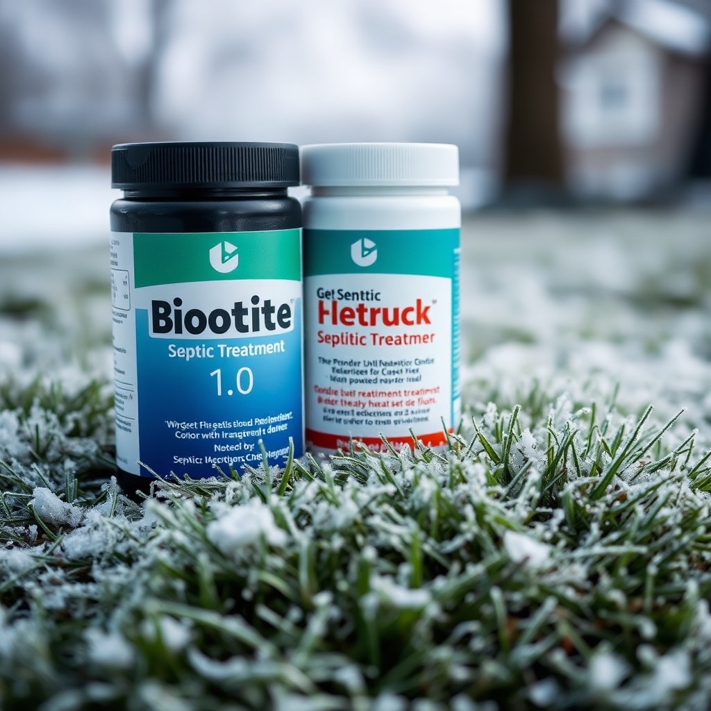 close-up of two septic treatment powder containers sitting on frosted grass
