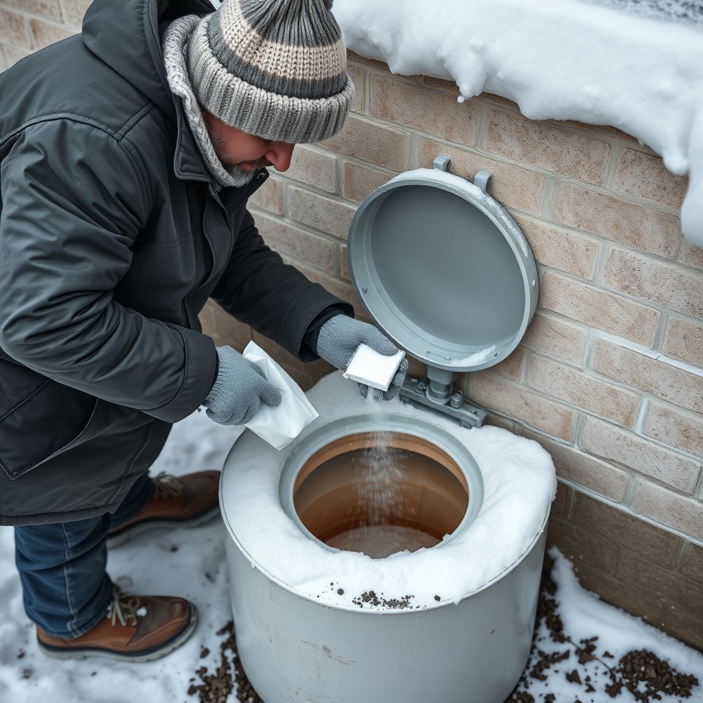 a homeowner in a winter coat and hat pouring powder from a pouch into an open septic tank