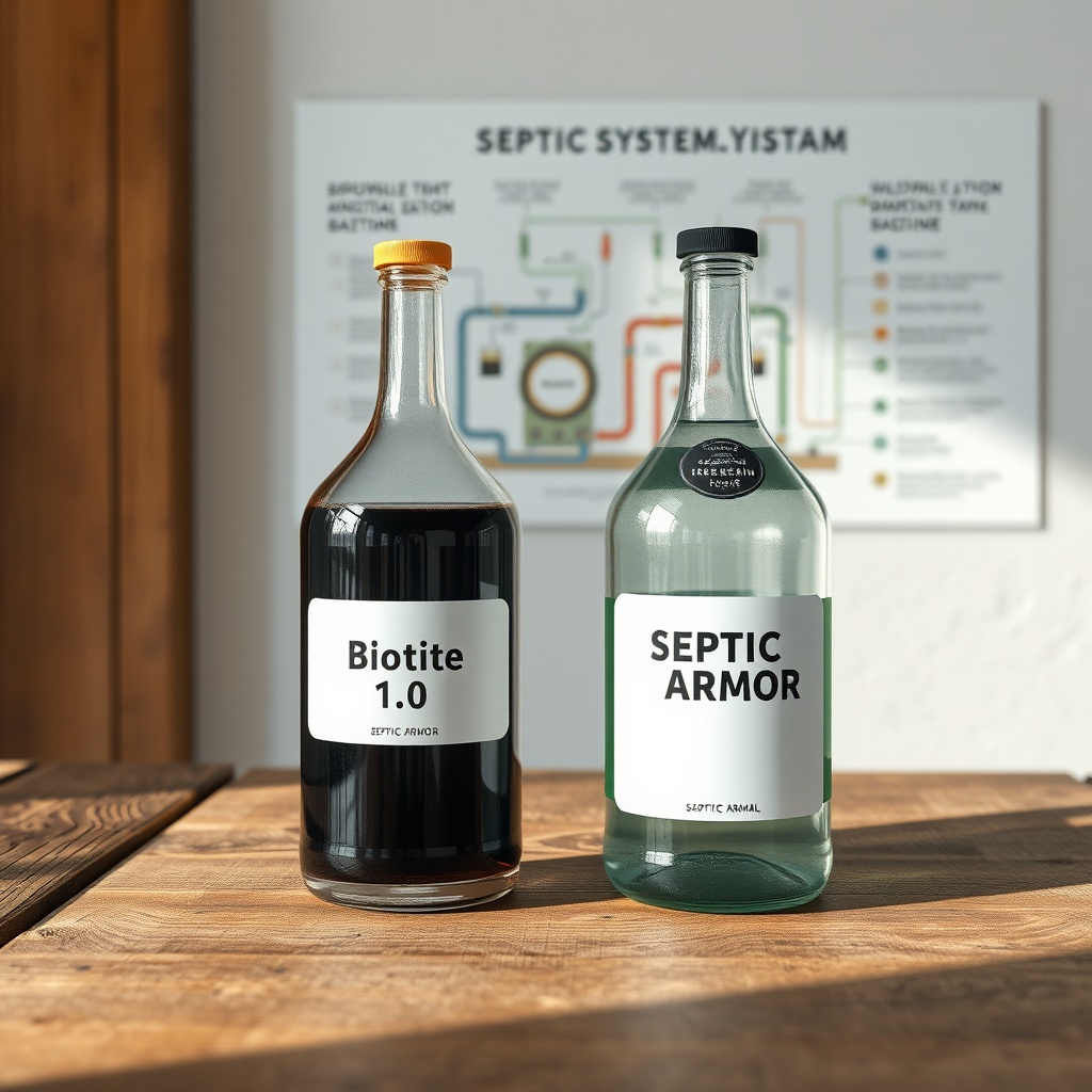 A clean photorealistic split-shot showing two clear glass bottles of dark liquid labelled