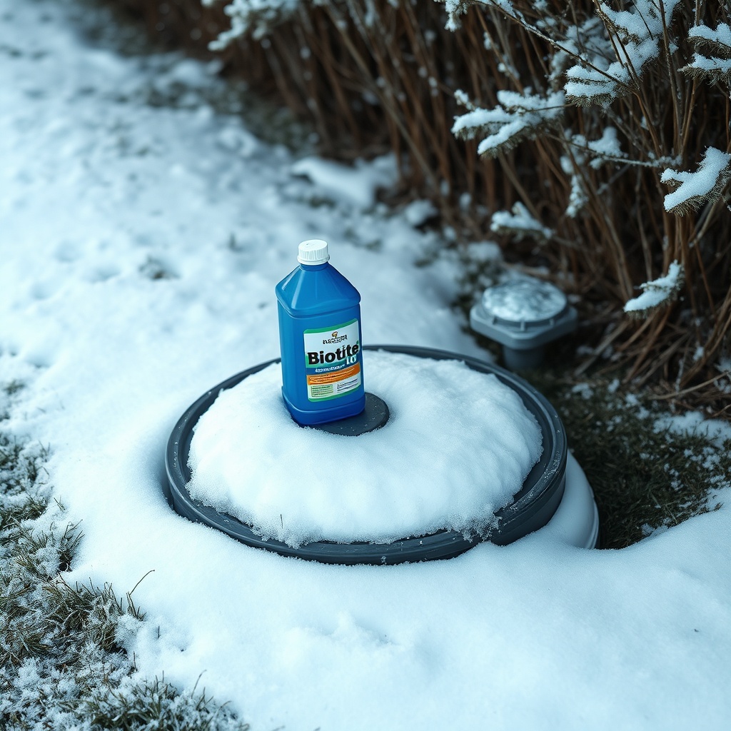 A photorealistic winter scene of a septic tank lid half-covered in snow with a blue Biotit