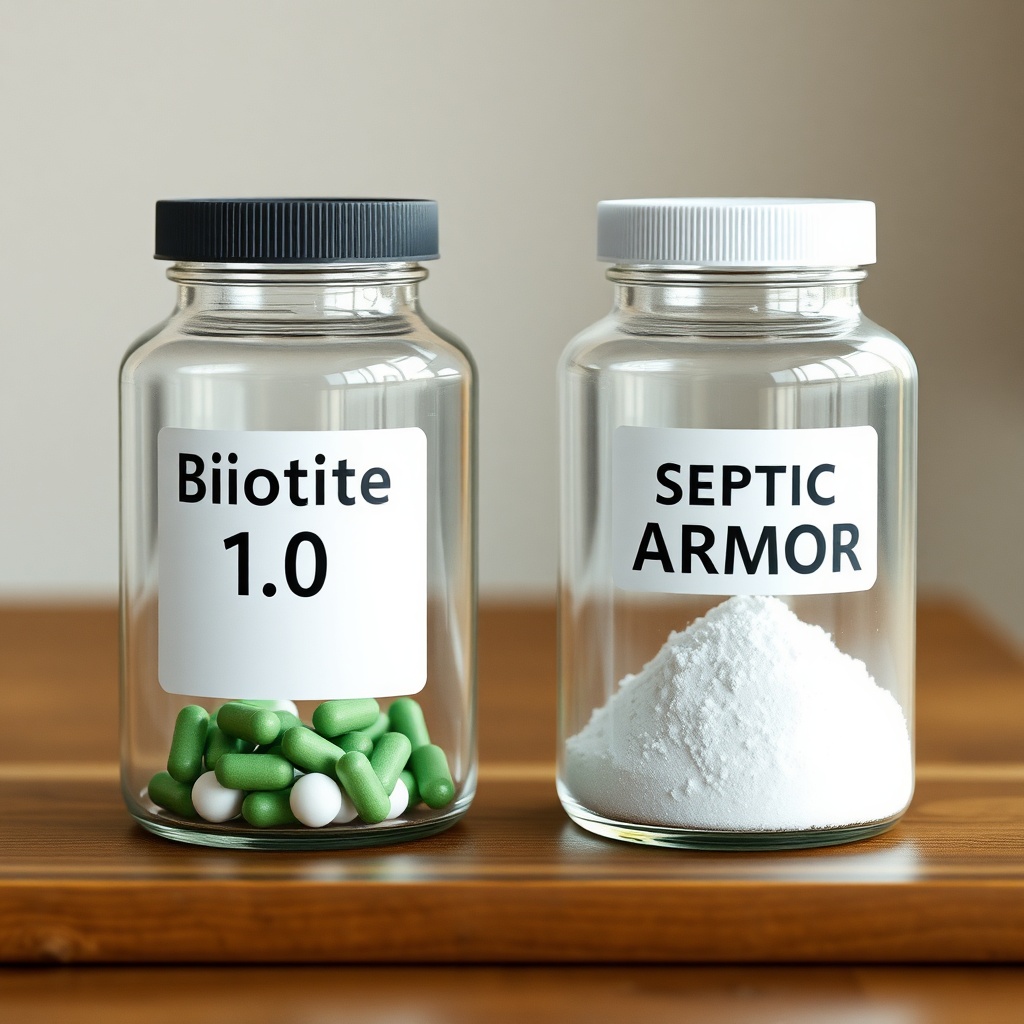 <clean photorealistic photo of two identical glass jars labeled "Biotite 1