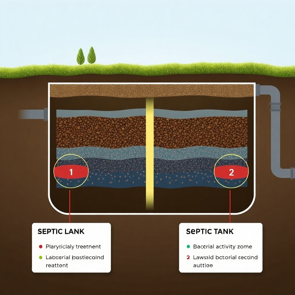 Cross-section illustration of a septic tank showing sludge layers before and after treatme