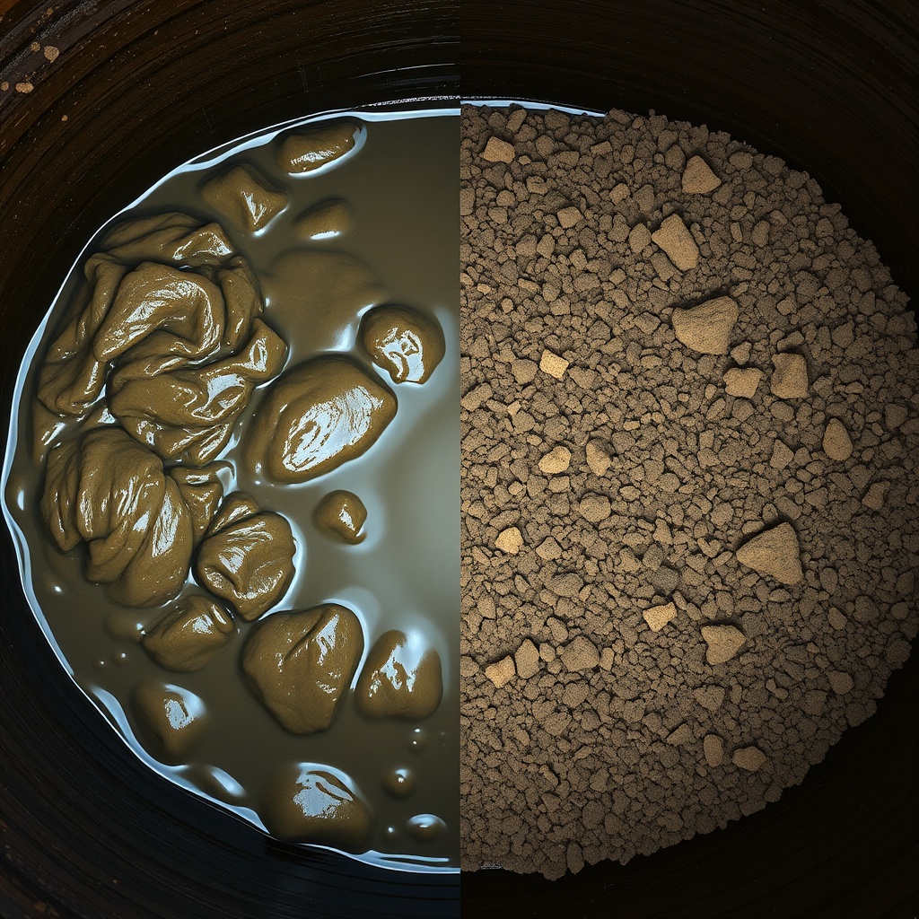 Photorealistic split-view image showing a septic tank interior: left side with chemical-tr
