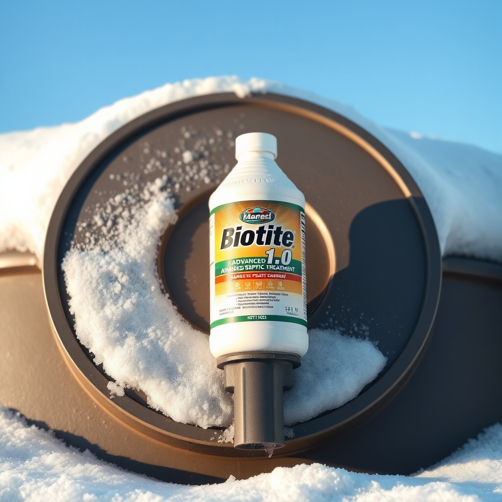 <clean photorealistic photo/illustration of a snow-covered septic tank lid with a bottle o