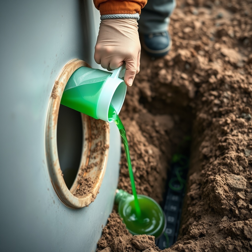 A close-up photorealistic photo of a technician pouring a green liquid additive into a sep