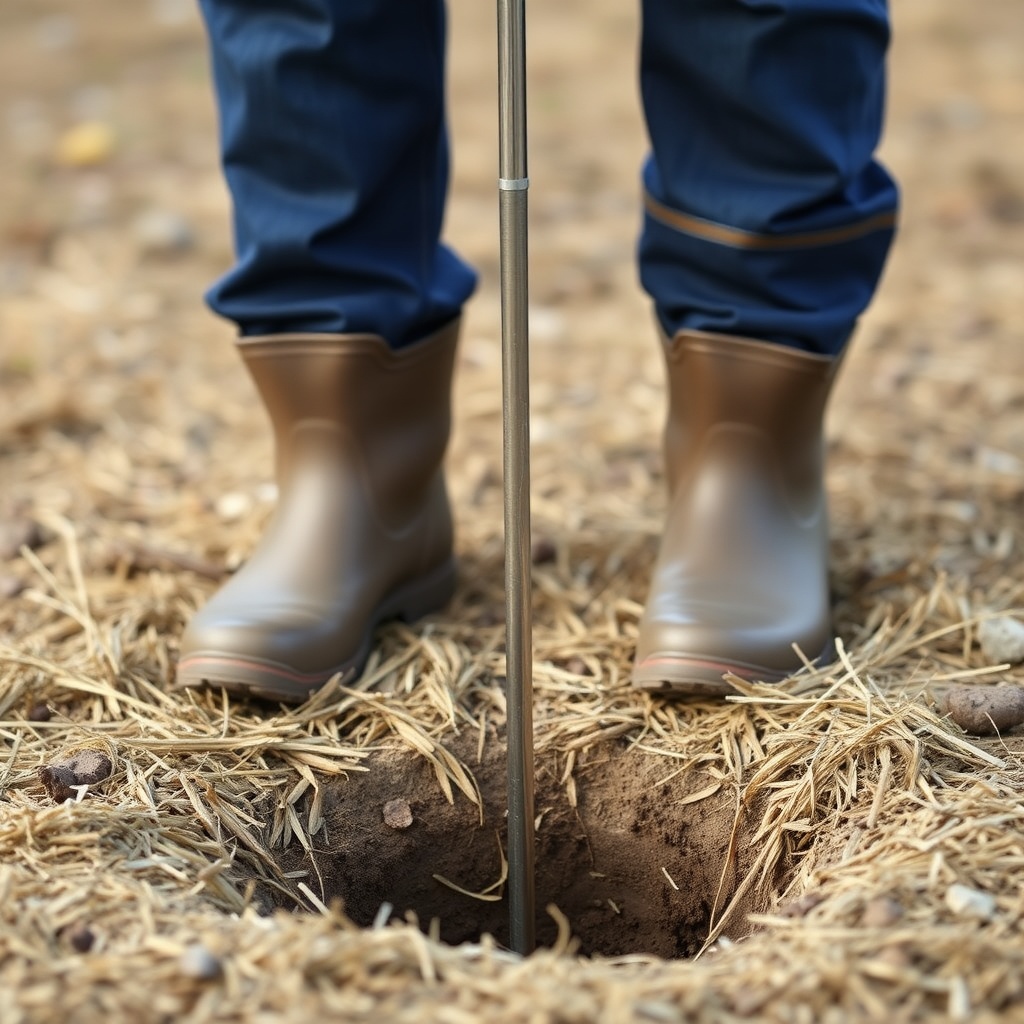 A photorealistic photo of a homeowner in rubber boots standing on dry grass above a septic