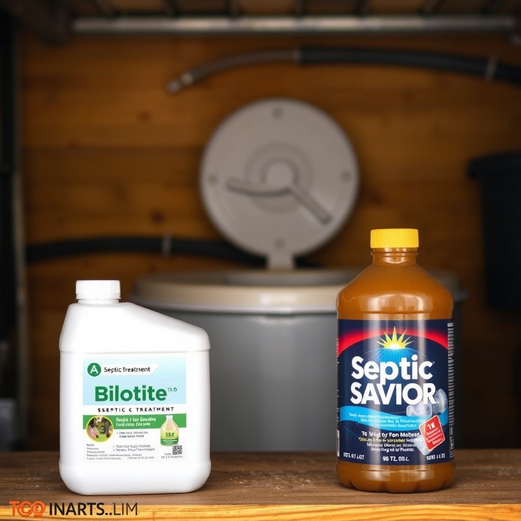 A photorealistic photo of two plastic bottles of septic treatment placed next to each othe