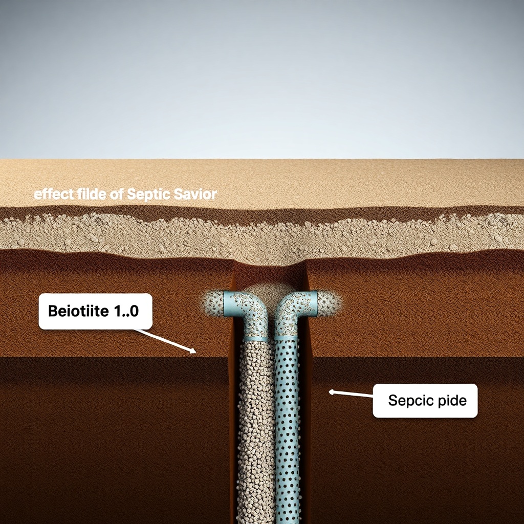 A photorealistic cross-section illustration of a drain field trench showing gravel