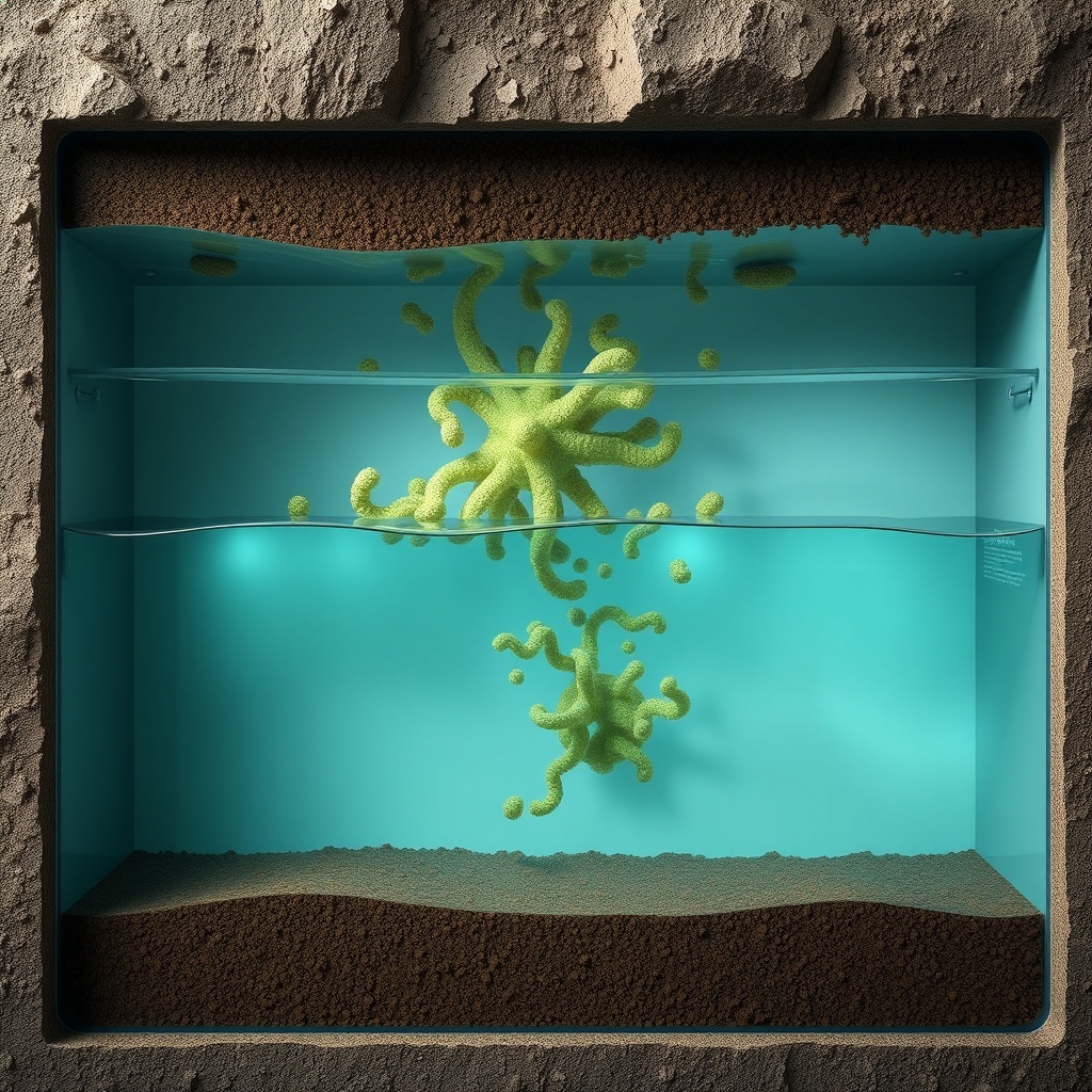 <A clean photorealistic photo of a cross-section of a septic tank showing Biotite 1