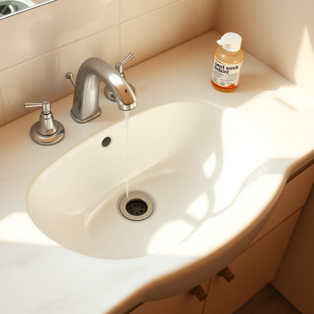 <clean photorealistic photo of a bathroom sink with slow-draining water