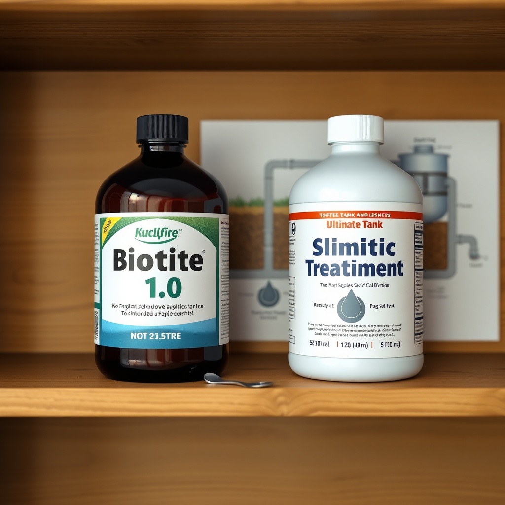 A close-up photorealistic photo of two product bottles side by side on a wooden shelf