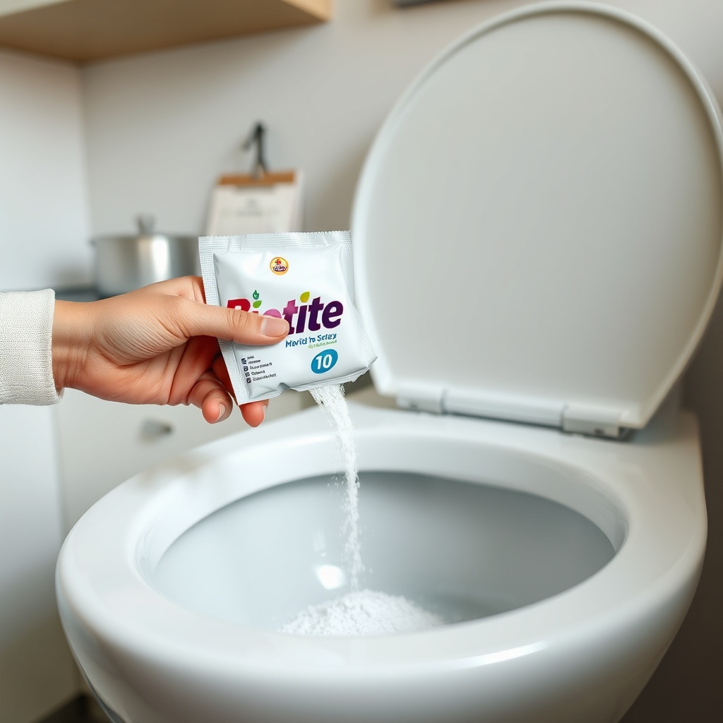 A photorealistic photo of a homeowner's hand pouring white powder from a Biotite 1