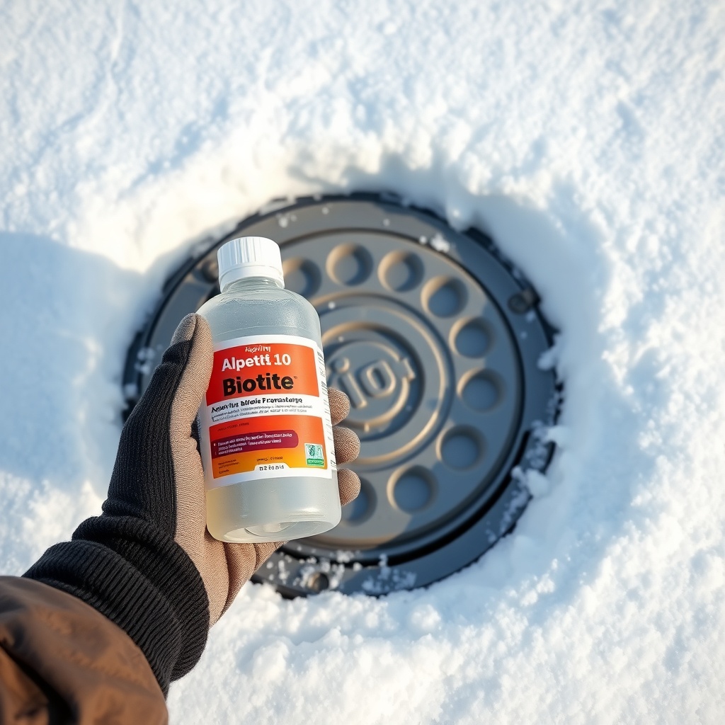 <clean photorealistic photo/illustration of a septic tank access lid surrounded by snow