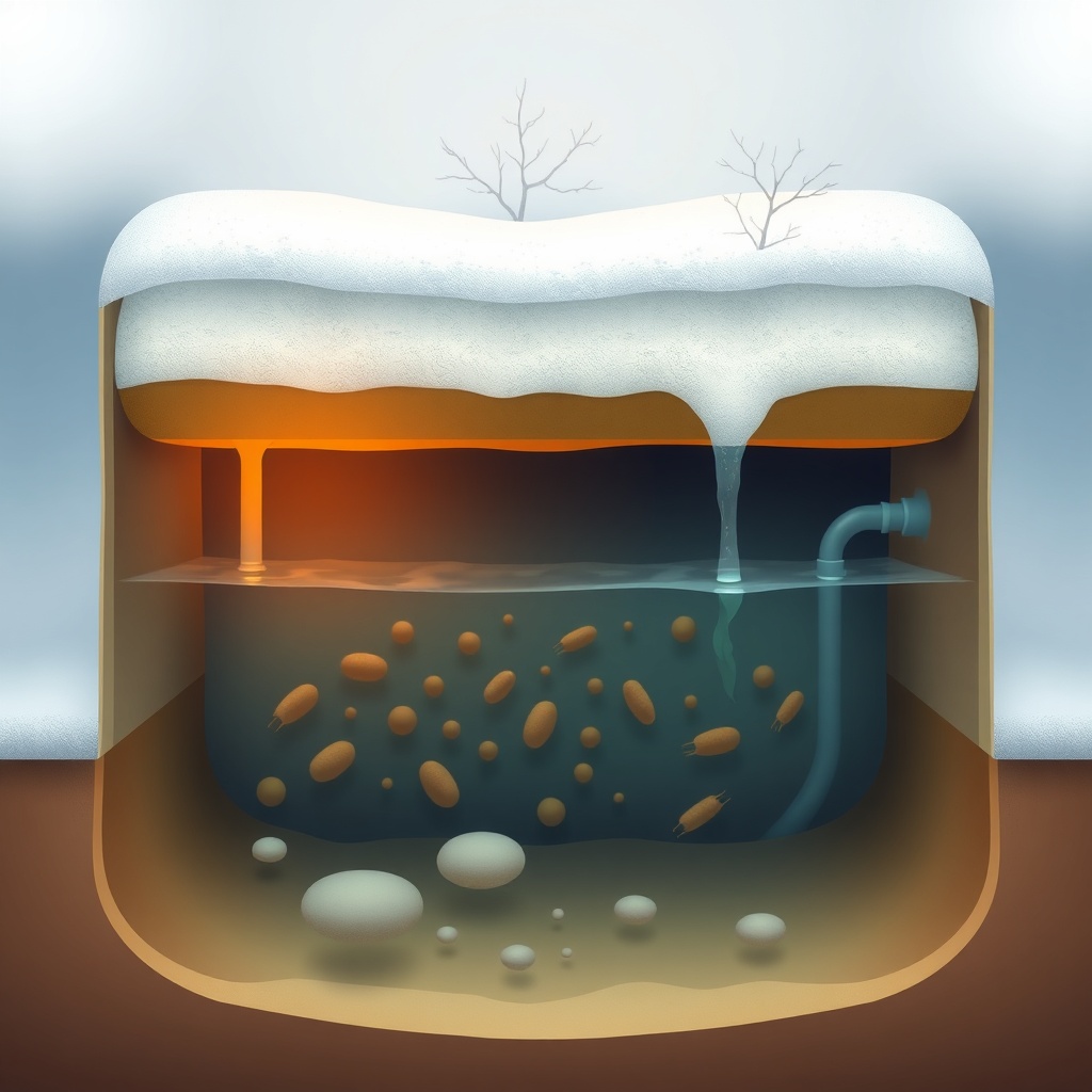 <clean photorealistic photo/illustration of a warm septic tank interior (cutaway view) wit