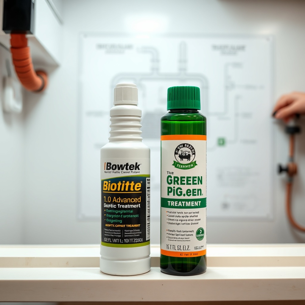 A side-by-side photograph of two septic treatment product bottles—one marked Biotite 1