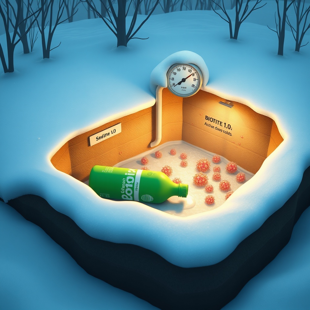 A photorealistic illustration of a septic tank buried in snowy ground
