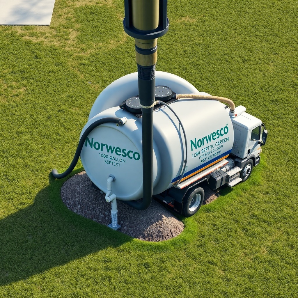 A photorealistic overhead view of a Norwesco 1000 gallon septic tank being pumped by a pro