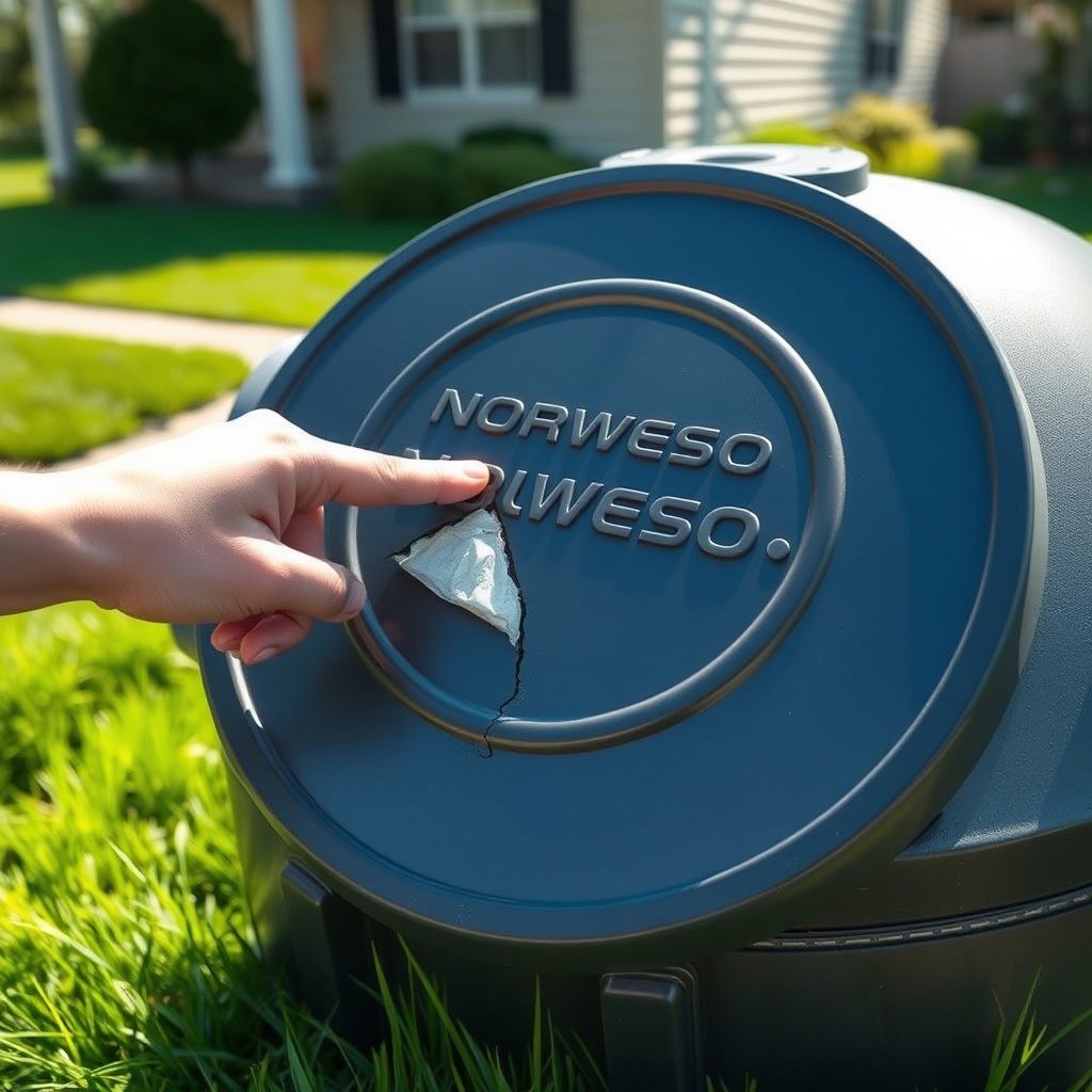 A photorealistic close-up of a Norwesco 1000 gallon septic tank lid with a cracked rubber