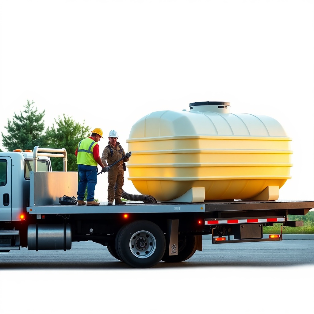 <clean photorealistic photo/illustration of a new polyethylene septic tank being delivered