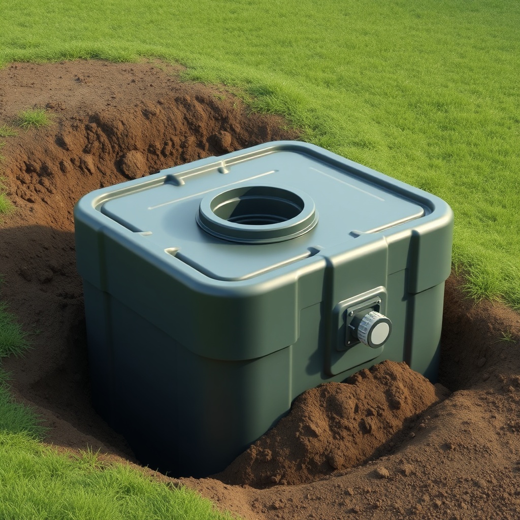 <clean photorealistic photo/illustration of an underground polyethylene septic tank with p
