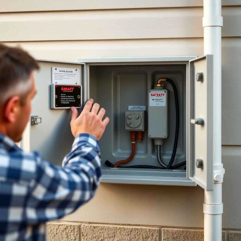<clean photorealistic photo/illustration of a homeowner testing a septic alarm panel with