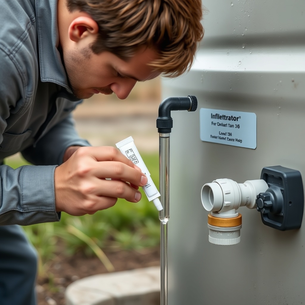 <clean photorealistic photo of a technician taking a water sample from an Infiltrator Quic