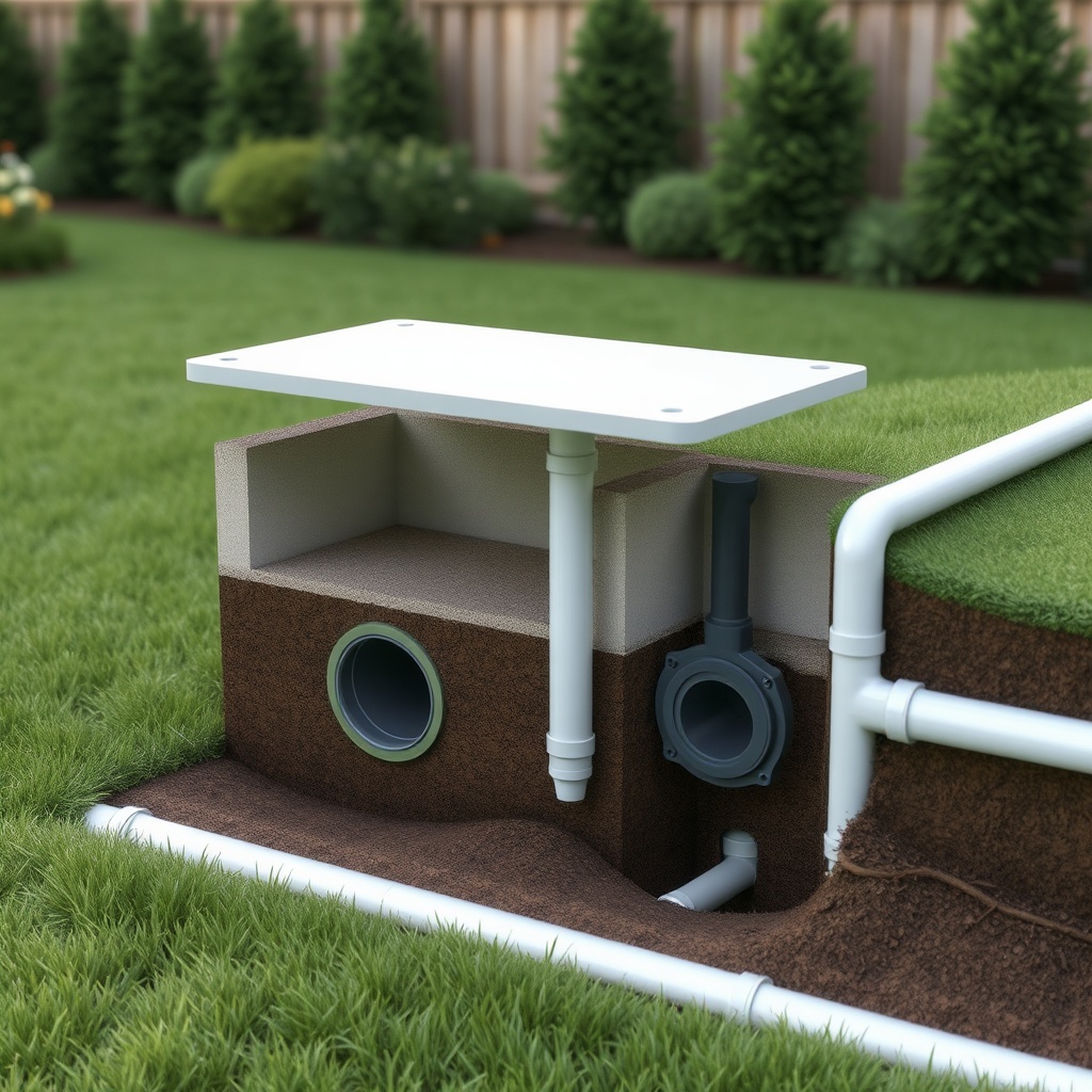 <clean photorealistic photo/illustration showing a cross-section of a residential septic s