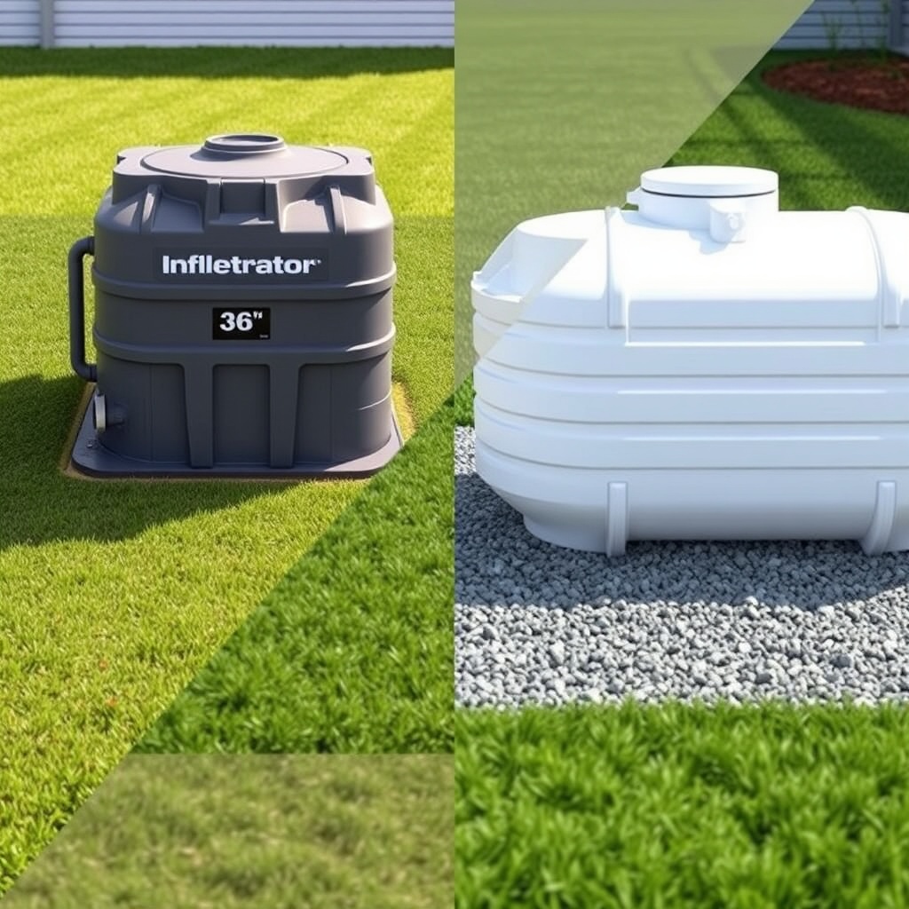 A photorealistic split view showing a gray Infiltrator Quick4 Equalizer 36 septic tank on