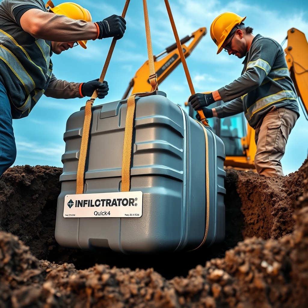 A photorealistic photo of two construction workers wearing gloves lowering a grey Infiltra