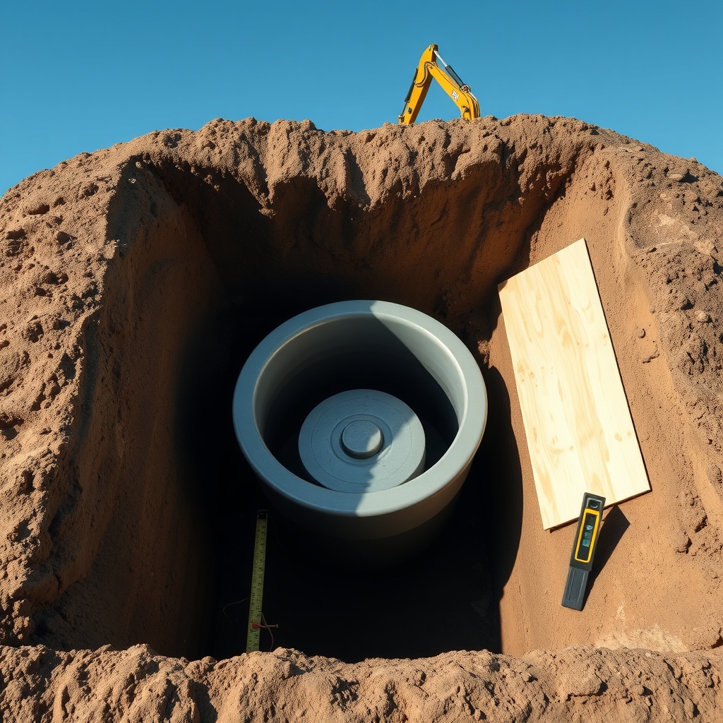 A photorealistic overhead view of a clean septic tank excavation site