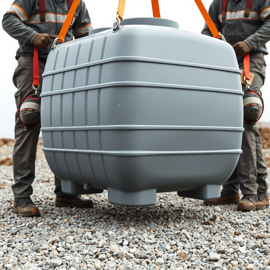 A realistic photo of a gray polyethylene tank being lowered by four workers using orange l