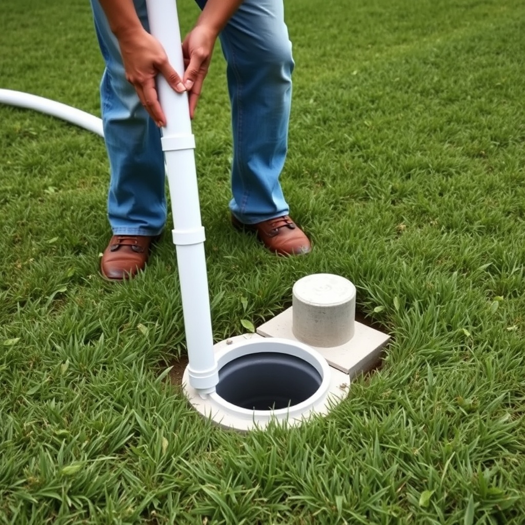 A clean photorealistic photo of a homeowner inserting a long white PVC pipe into a septic