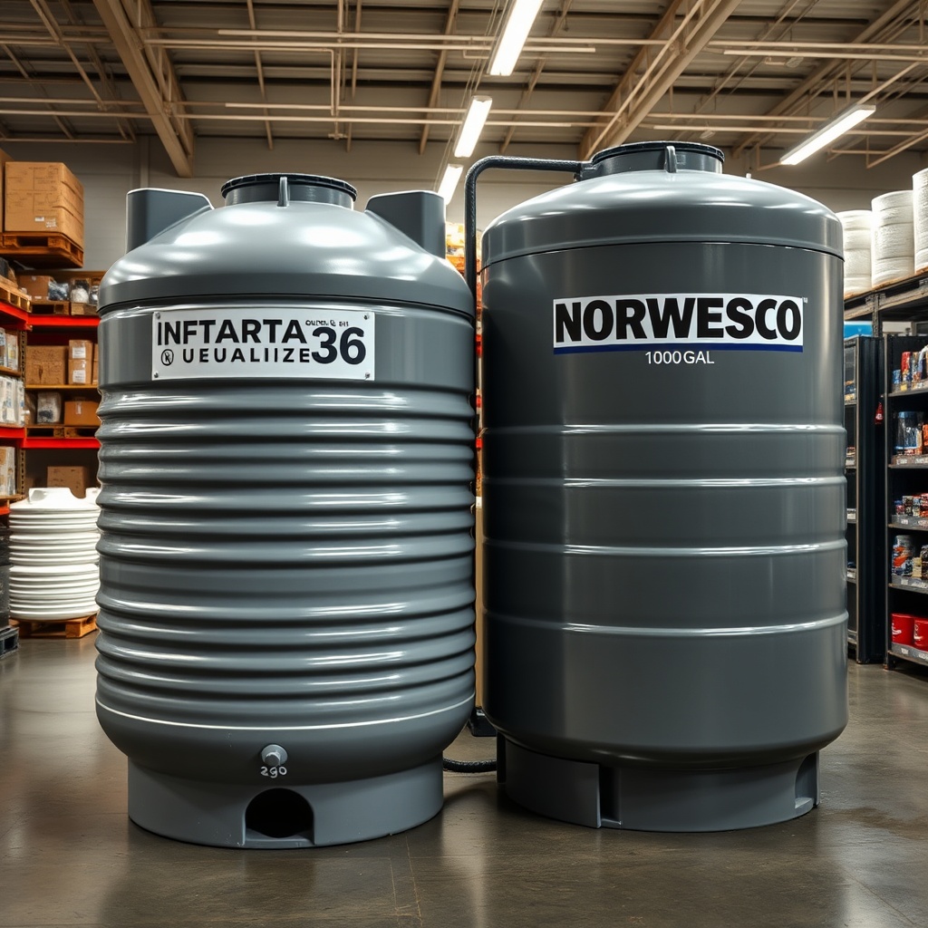 A photorealistic picture of two tanks side by side in a hardware store—Infiltrator Quick4