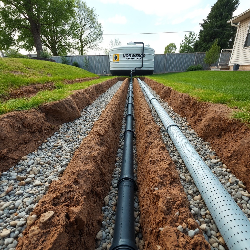 A photorealistic wide-angle view of a freshly installed drainfield with multiple gravel tr