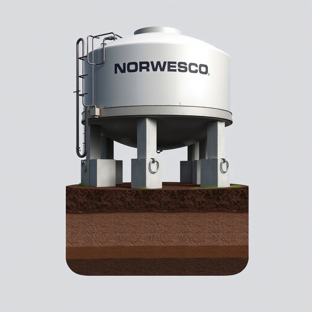 A clean photorealistic photo illustrating a cross-section of a Norwesco tank being anchore