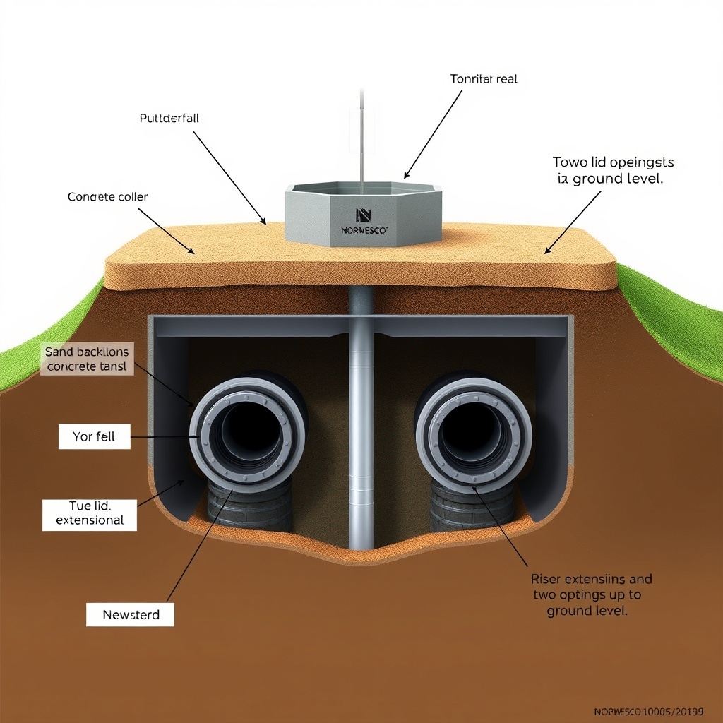 A photorealistic illustration showing a cross-section of a Norwesco 1000-gallon septic tan